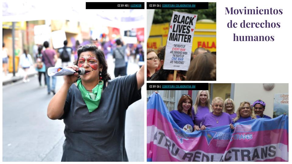 Tres fotos de movilizaciones: movimiento feminista, movimiento trans y Black Lives Matter