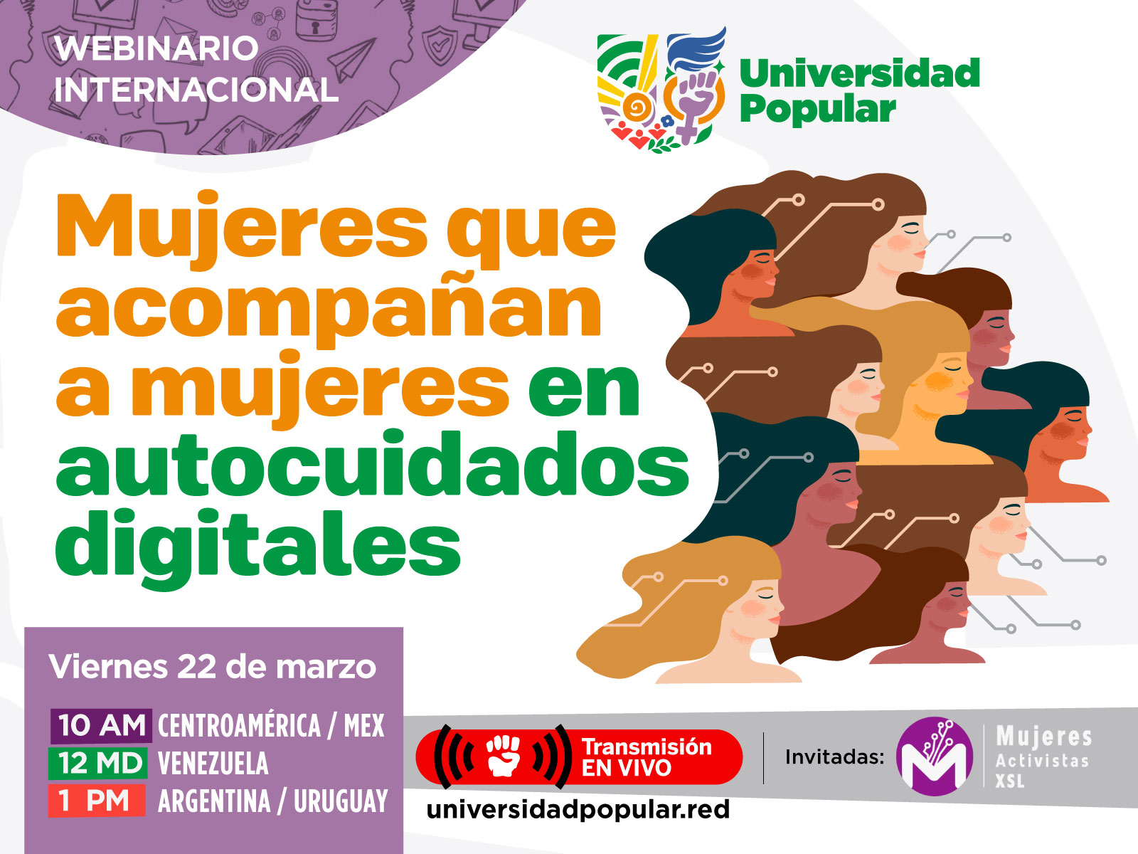 Flyer del webinario "Mujeres que acompañan a mujeres en autocuidados digitales".